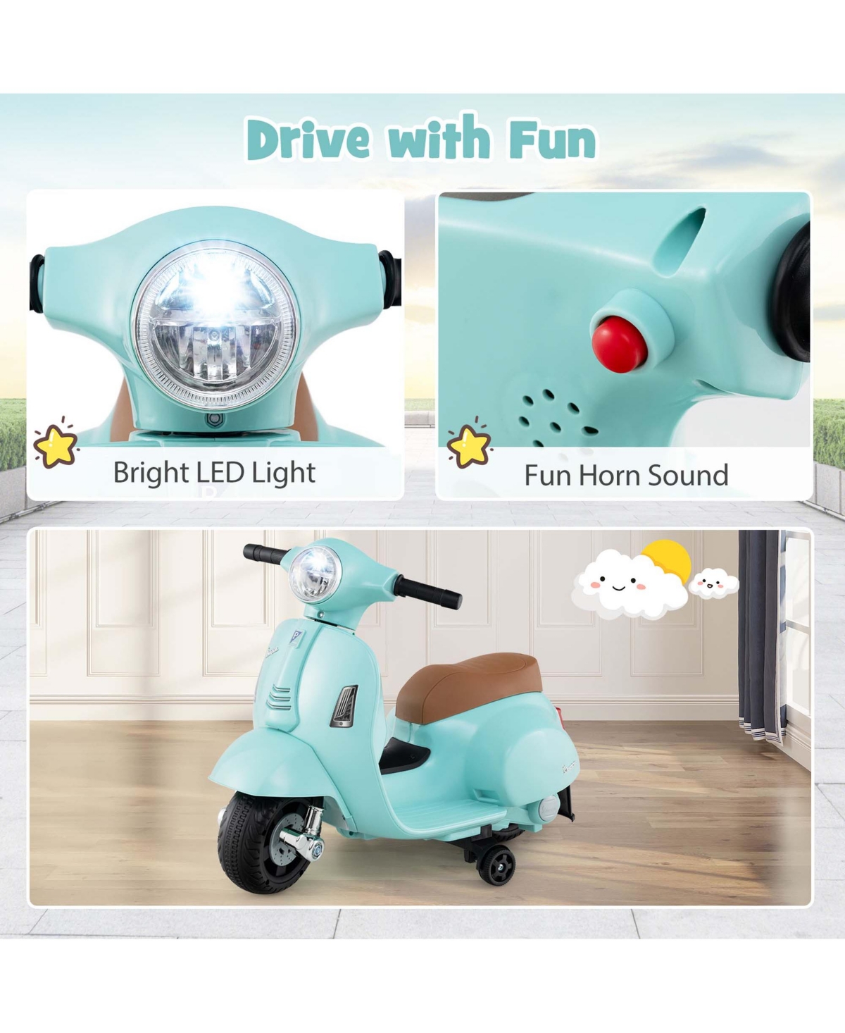Kids Ride on Motorcycle with Training Wheels Headlight Horn 6V Battery