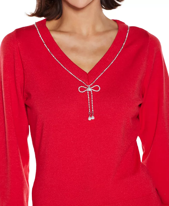 Women's V-Neck Rhinestone-Bow Sweater - thumbnail 5