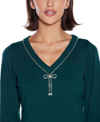  Women's V-Neck Rhinestone-Bow Sweater