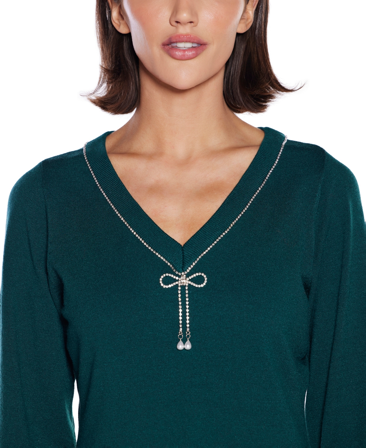 Belldini Women's V-neck Rhinestone-bow Sweater In Green