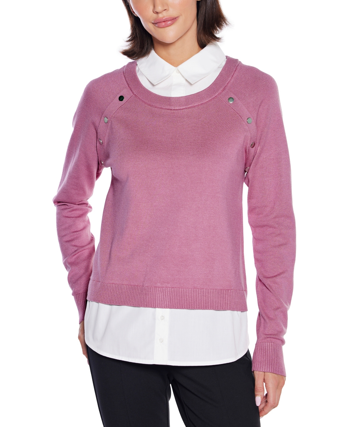 Belldini Women's Layered-look Rivet-trim Sweater In Pink