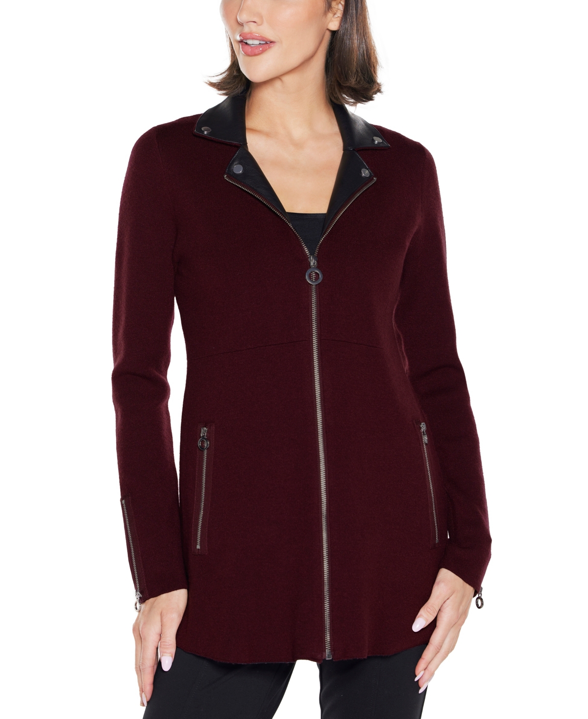 Belldini Women's Black Label Collared Sweater Jacket In Burgundy