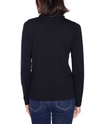 Black Label Women’s Faux Fur Trim Rhinestone-Zip Cardigan Sweater