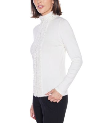 Black Label Women’s Faux Fur Trim Rhinestone-Zip Cardigan Sweater