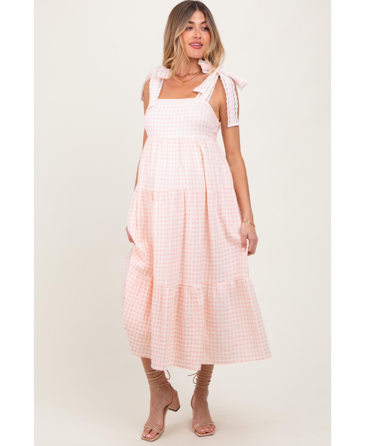 Pinkblush Maternity Light Pink Gingham Lace Trim Shoulder Tie Maxi Dress