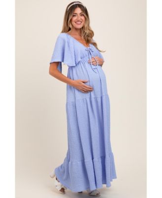 Maternity Taupe Woven Textured Flutter Sleeve V-Neck Tiered Maxi Dress