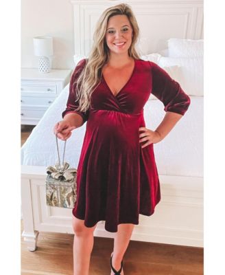 Maternity Green Velvet Wrap Front Babydoll Dress