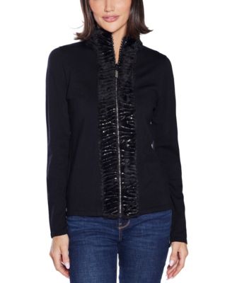 Black Label Women’s Faux Fur Trim Rhinestone-Zip Cardigan Sweater