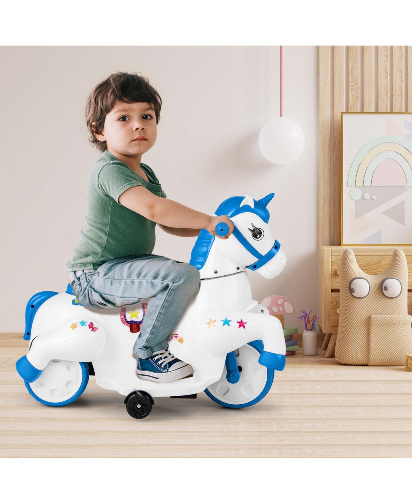 Детская игрушка Costway 12V Kids Ride on Unicorn Toy with Training Wheels Music One-button, цвет: Синий — фото 5