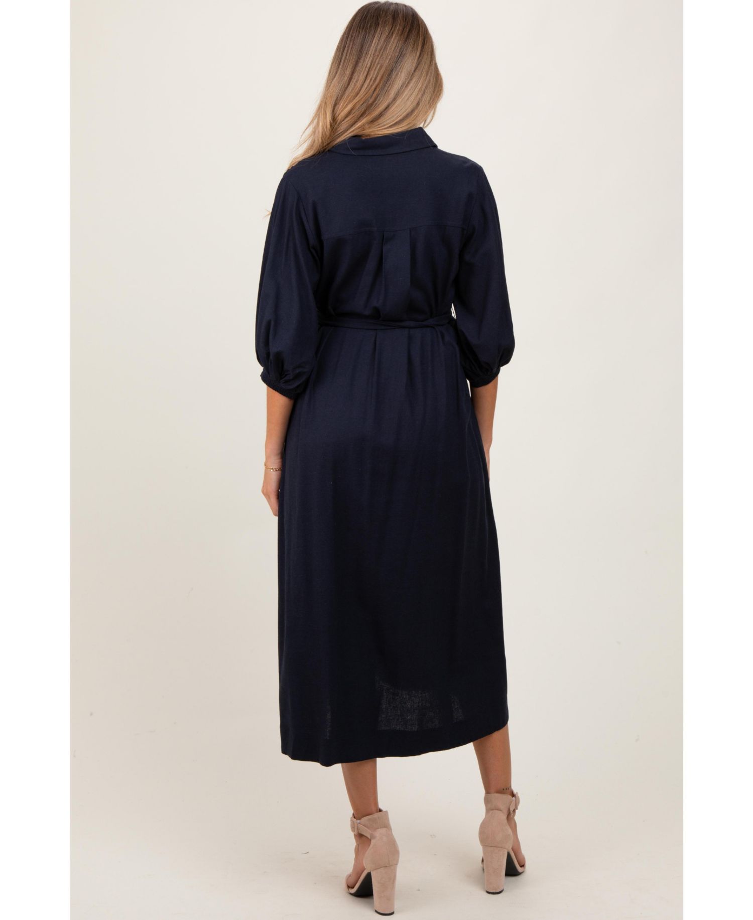 Women's Navy 3/4 Bubble Sleeve Midi Shirt Dress