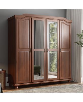 100% Solid Wood Kyle 4-Door Wardrobe with Mirrored Doors