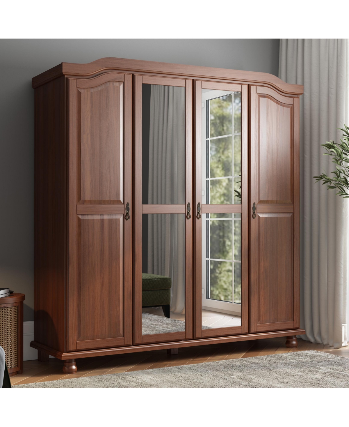 Palace Imports 100% Solid Wood Kyle 4-Door Wardrobe with Mirrored Doors