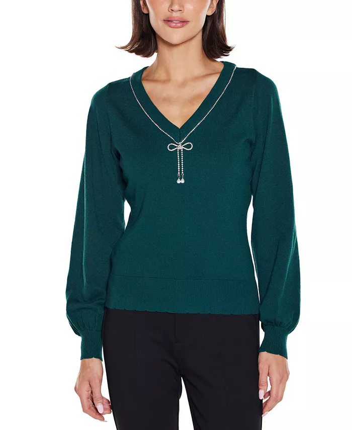 Women's V-Neck Rhinestone-Bow Sweater - thumbnail 6