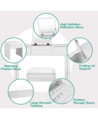 2-Pc. Wood Flip-Top Mirror Vanity Dressing Table Set with Cushioned Stool