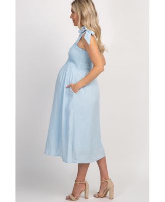 Maternity Light Blue Strap Tie Smocked Dress