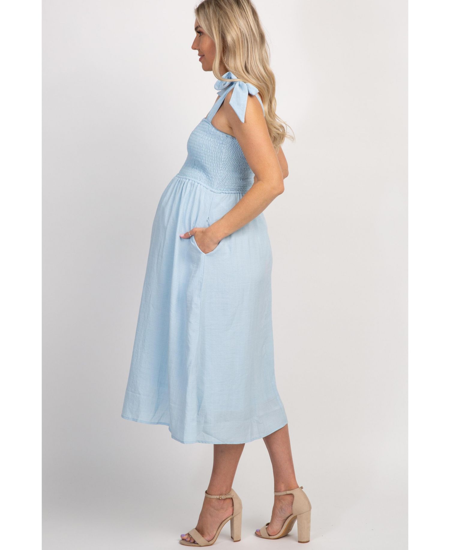 Women's Light Blue Strap Tie Smocked Dress