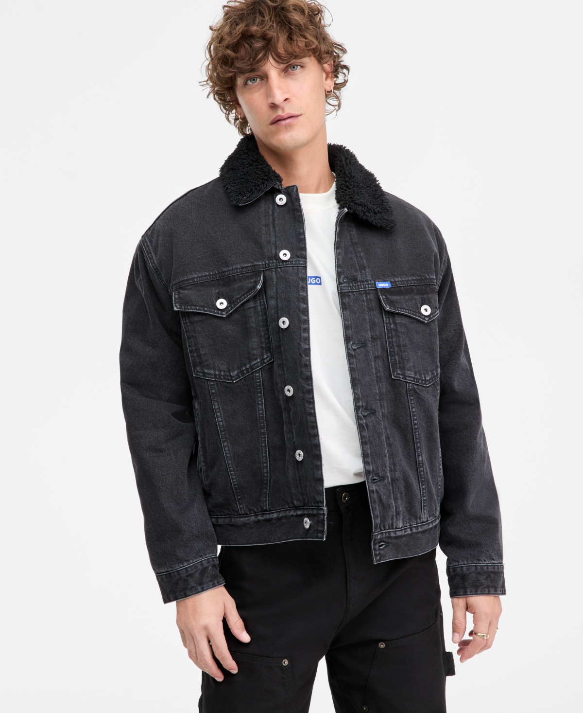 Hugo Boss Dex Stone Wash Denim Trucker Jacket with Fleece Collar