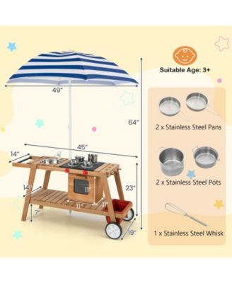 Kid's Play Trolley Outdoor Wooden Kids Play Cart with Sun Umbrella for Toddlers 3+