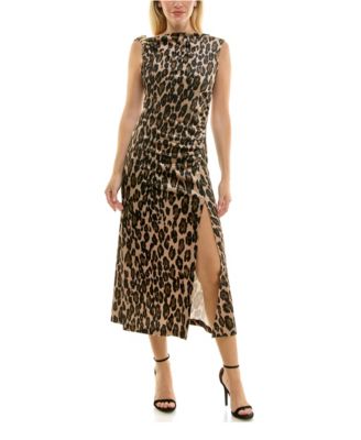 Taylor - Women's Cowlneck Animal-Print Ruched Velvet Dress