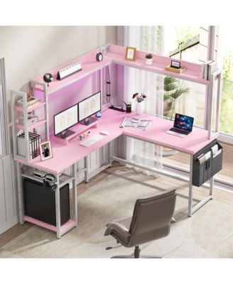 L-Shaped Desk with Hutch & Power Outlet, Corner Computer Desk with Led Lights