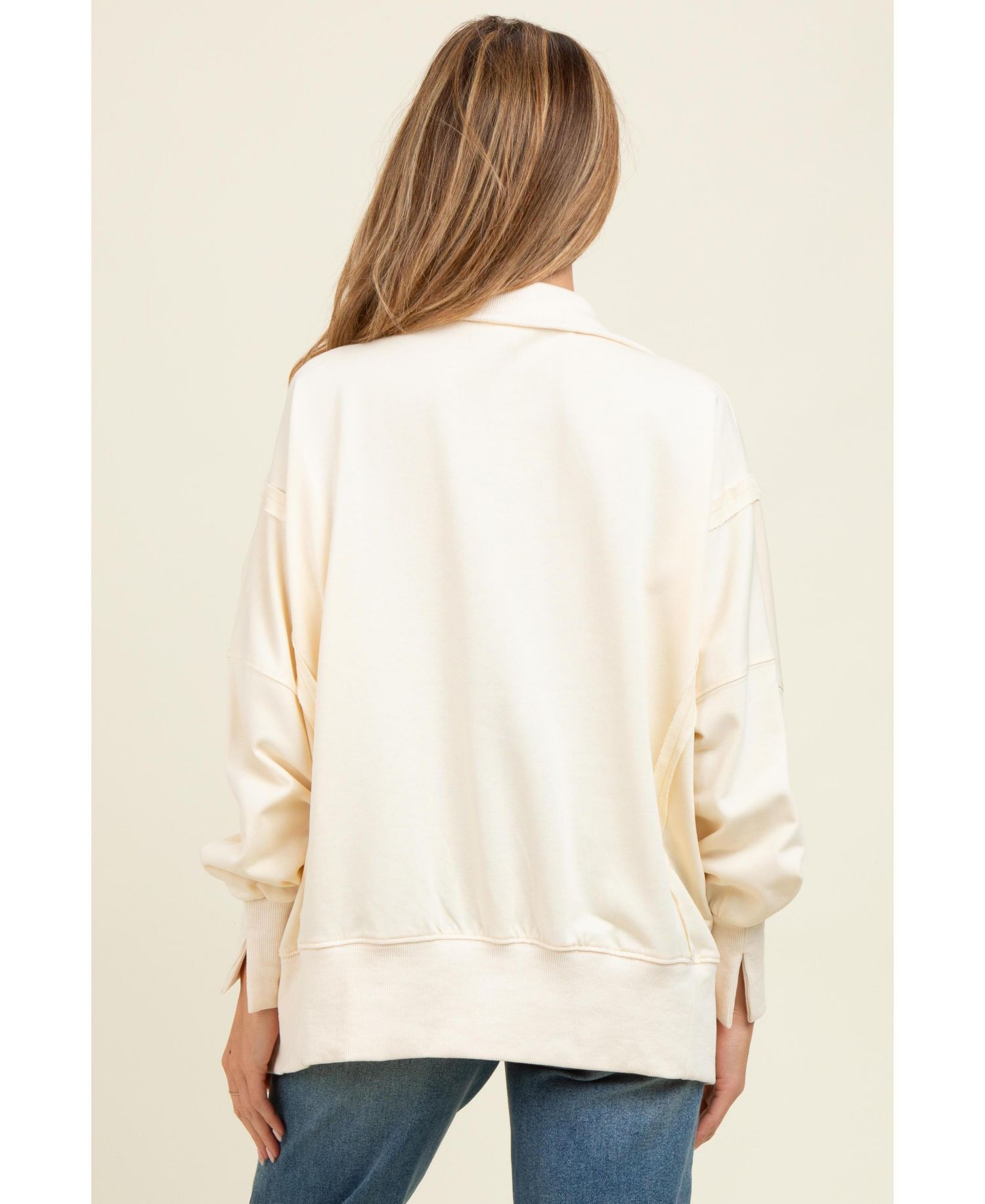 Women's Cream Snap Button Pullover Henley Sweatshirt