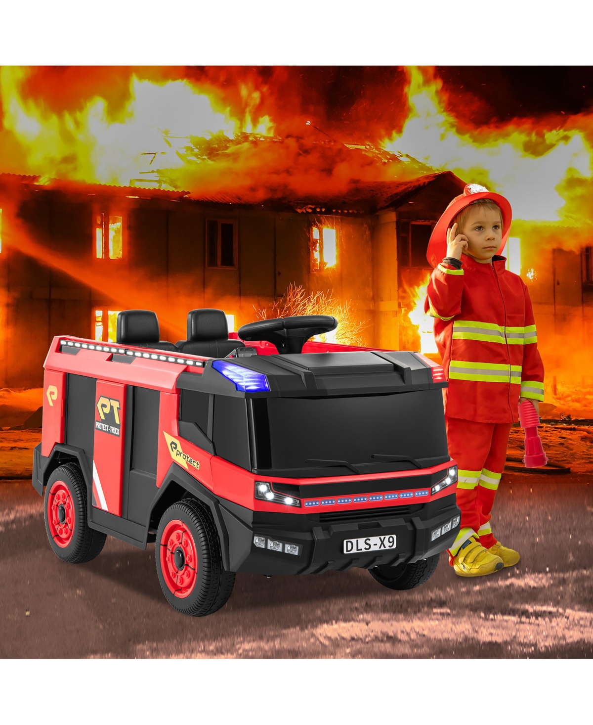 Gymax 2-Seater Kids Ride on Fire Truck w/Remote Control Water Gun Extinguisher Shovel