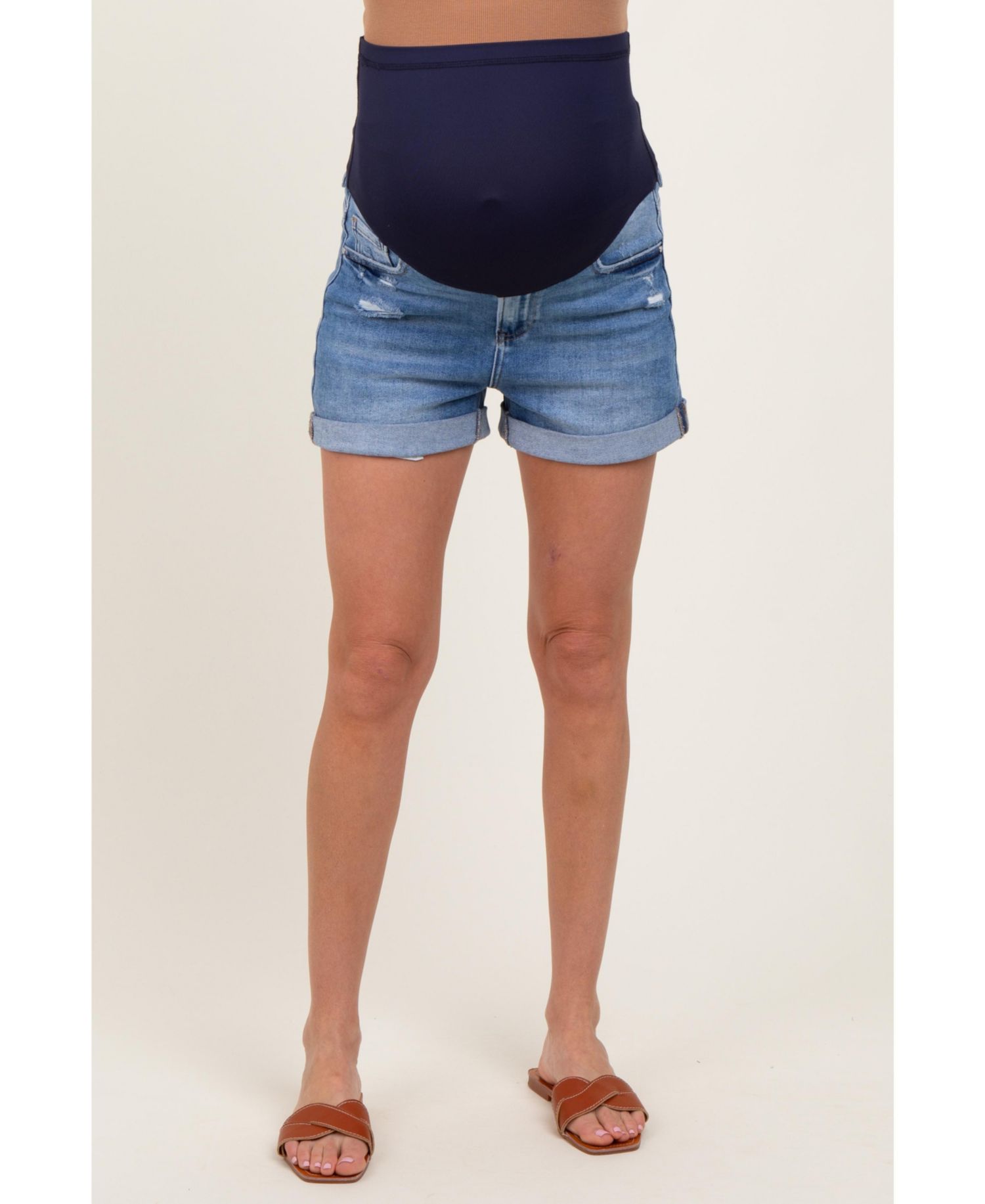 Maternity Navy Distressed Rolled Cuff Jean Shorts