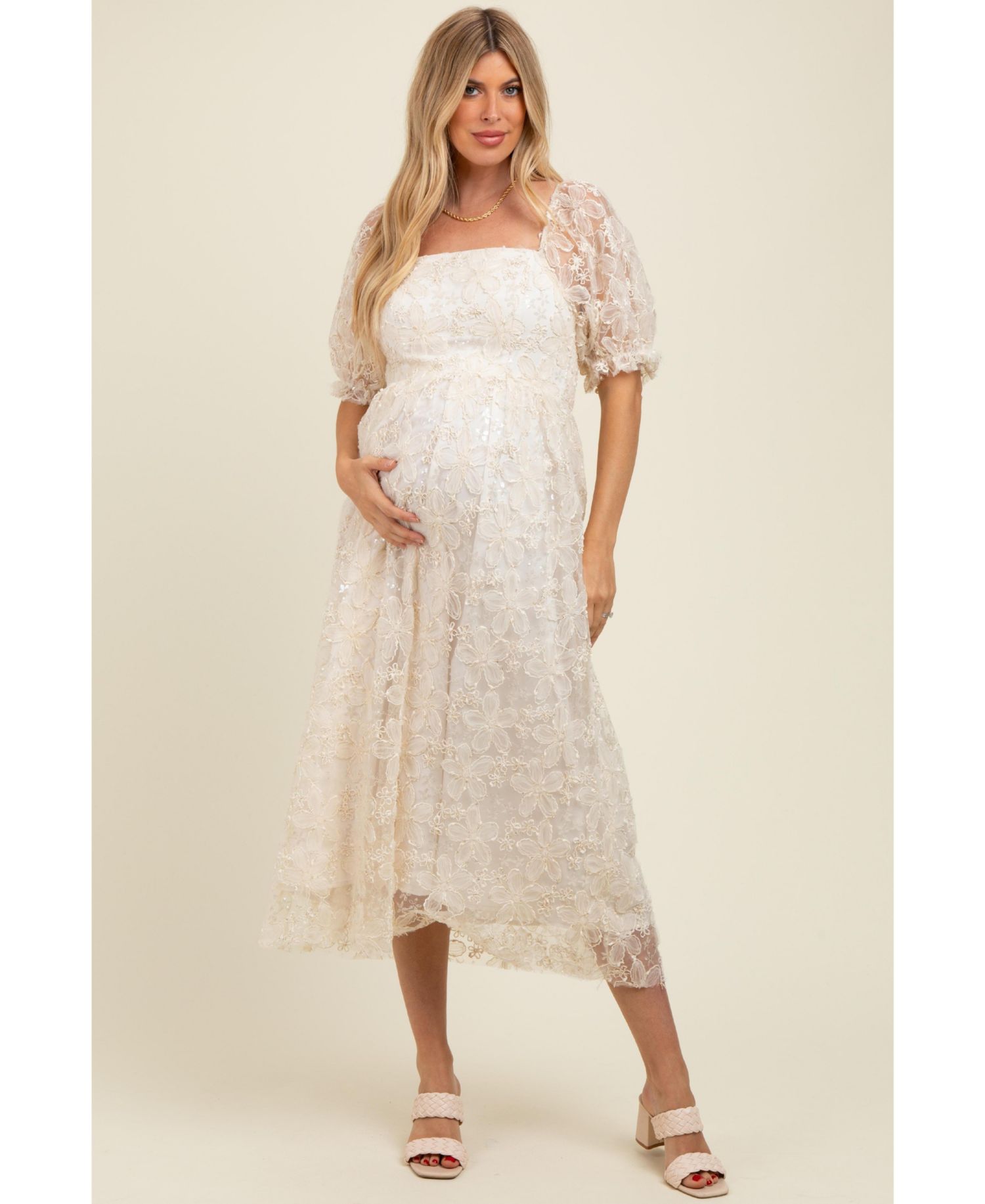 Women's Cream Floral Mesh Overlay Tie Back Midi Dress