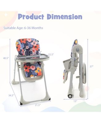 Baby High Chair w/ 7 Height & 3 Footrest Adjustable Cup holder 2 Wheels Flower