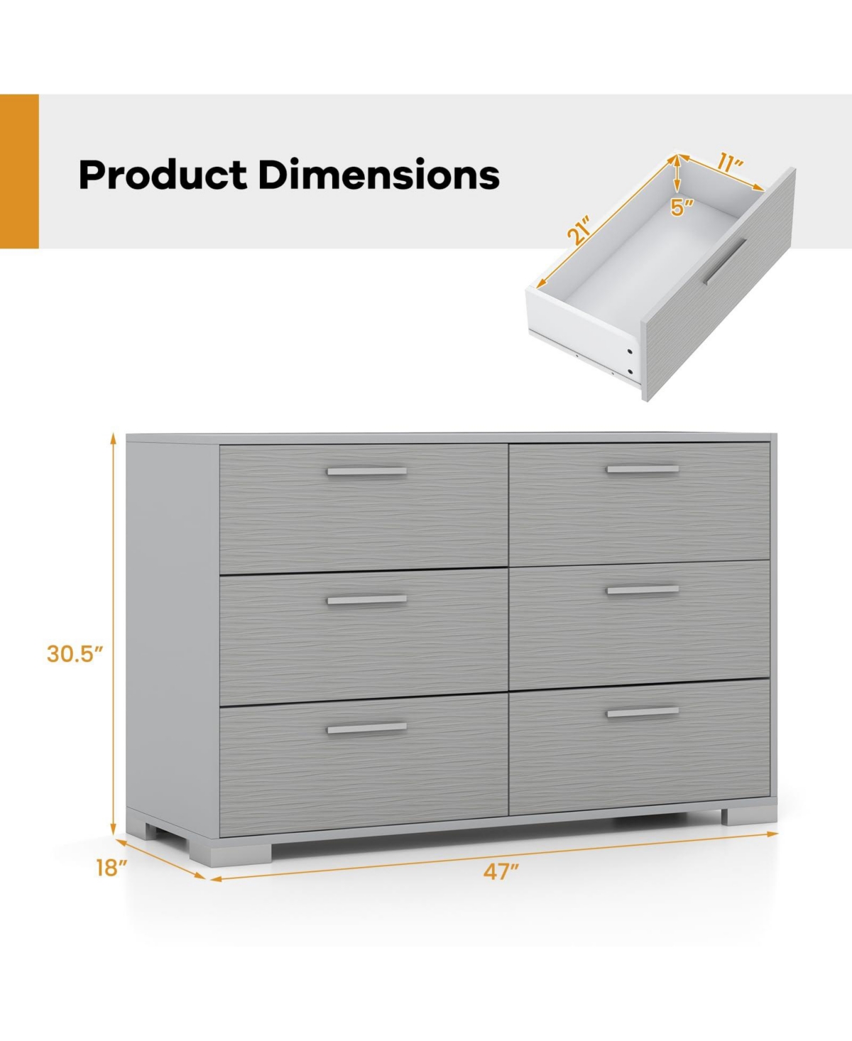 Volenca 6 Drawer Storage Cabinet with Metal Legs Handles with Anti-Toppling Devices