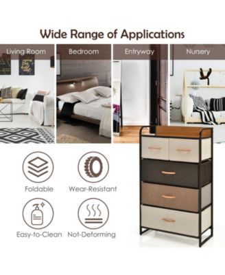 4-Tier Organizer Tower Steel Frame Wooden Top Storage with 5-Drawer Dresser