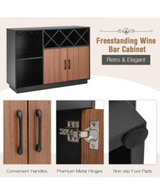 45.5" Wood Grain Finish Removable Wine Rack, Glass Holder, Adjustable Shelf, 2-Door Cabinet Industrial Sideboard