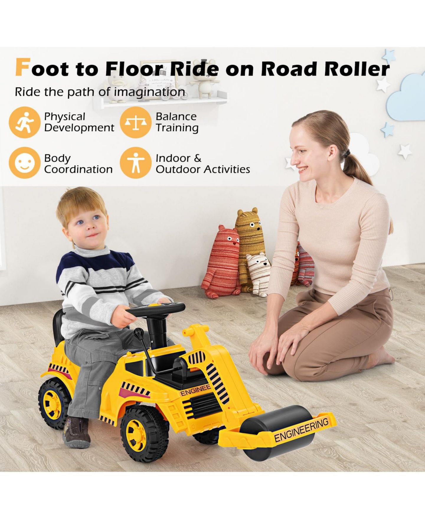 Детская игрушка Mecale Toddler Ride-On with Adjustable Roller, Under-Seat Storage & Anti-Tip Design, Ages 19-36 Months, цвет: Жёлтый — фото 8