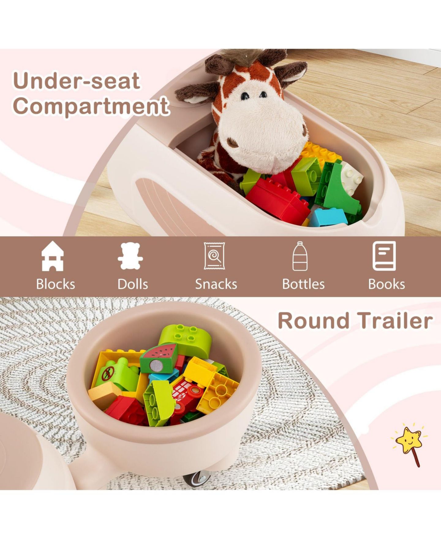 Детская игрушка Mecale 2-in-1 Convertible Ride-On Toy with Trailer, Ages 12M+, цвет: Бежевый — фото 7