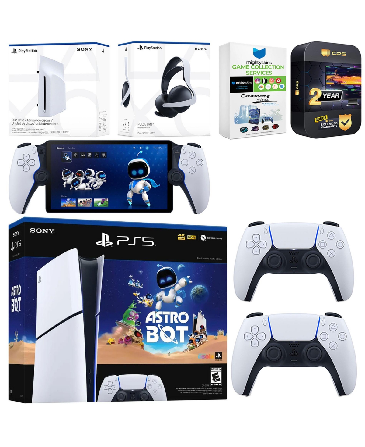 Sony PlayStation 5 Astro Bot Slim Digital Bundle with Disc Drive, Pulse Elite Headset, Extra Controller, PlayStation Portal, MightySkins Game Collecti