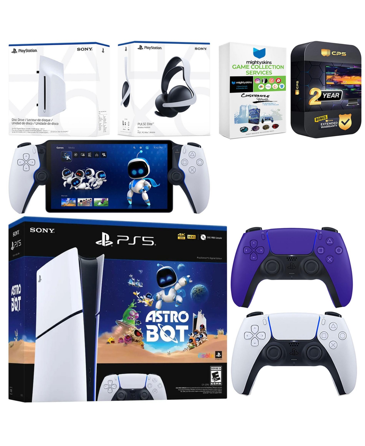 Sony PlayStation 5 Astro Bot Slim Digital Bundle with Disc Drive, Pulse Elite Headset, Extra Controller, PlayStation Portal, MightySkins Game Collecti