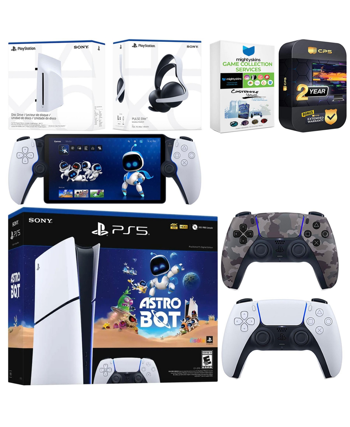 Sony PlayStation 5 Astro Bot Slim Digital Bundle with Disc Drive, Pulse Elite Headset, Extra Controller, PlayStation Portal, MightySkins Game Collecti
