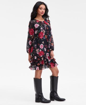 Petite Floral Long-Sleeve Tiered-Hem Dress