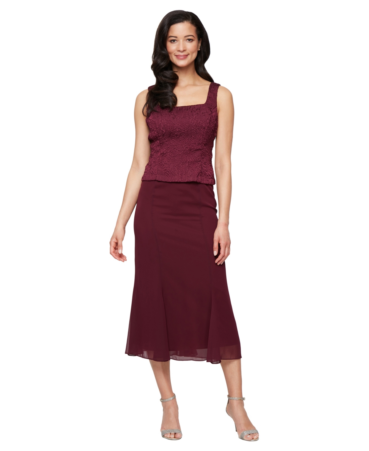 Alex Evenings Petite Tea-length Textured Jacquard Dress And Jacket In Burgundy