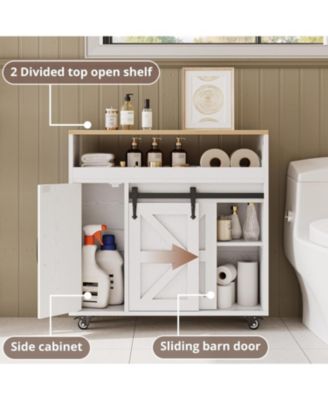 Toilet Paper Cabinet with Rolling Wheels, Paper Holes, White/Natural