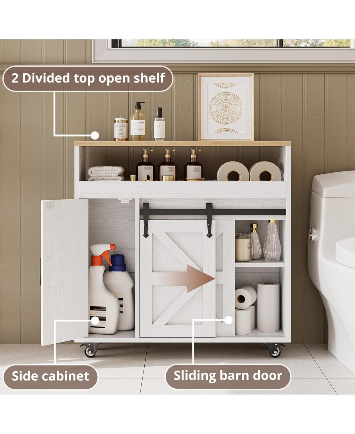 Ironck Toilet Paper Cabinet with Rolling Wheels, Paper Holes, White/Natural