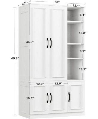 Wooden Wardrobe with 4 Storage Shelves and Hanging Rod