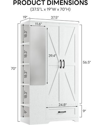 Wooden Wardrobe with Mirror, 2 Doors, Drawer, and Shelves, White