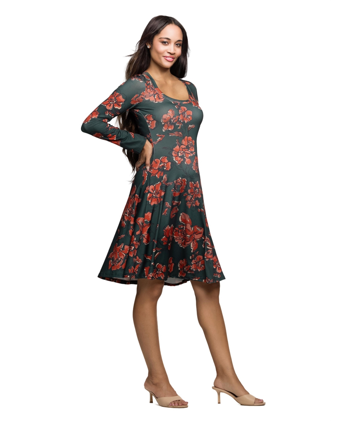 24seven Comfort Apparel Long Sleeve Fit And Flare Dress In Multi