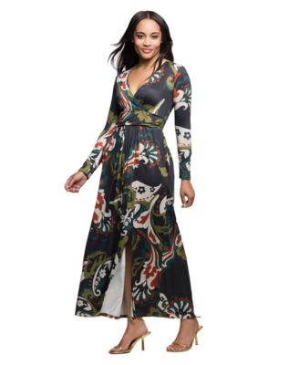 Women's Green Paisley Print Long Sleeve Wrap Maxi Dress