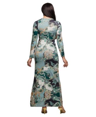 Women's Green Paisley Print Long Sleeve Side Slit Maxi Dress
