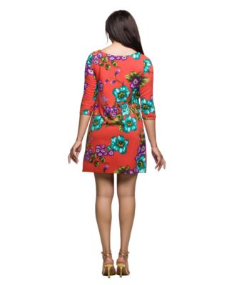 Women's Orange Floral Print Three Quarter Sleeve A Line Knee Length Dress