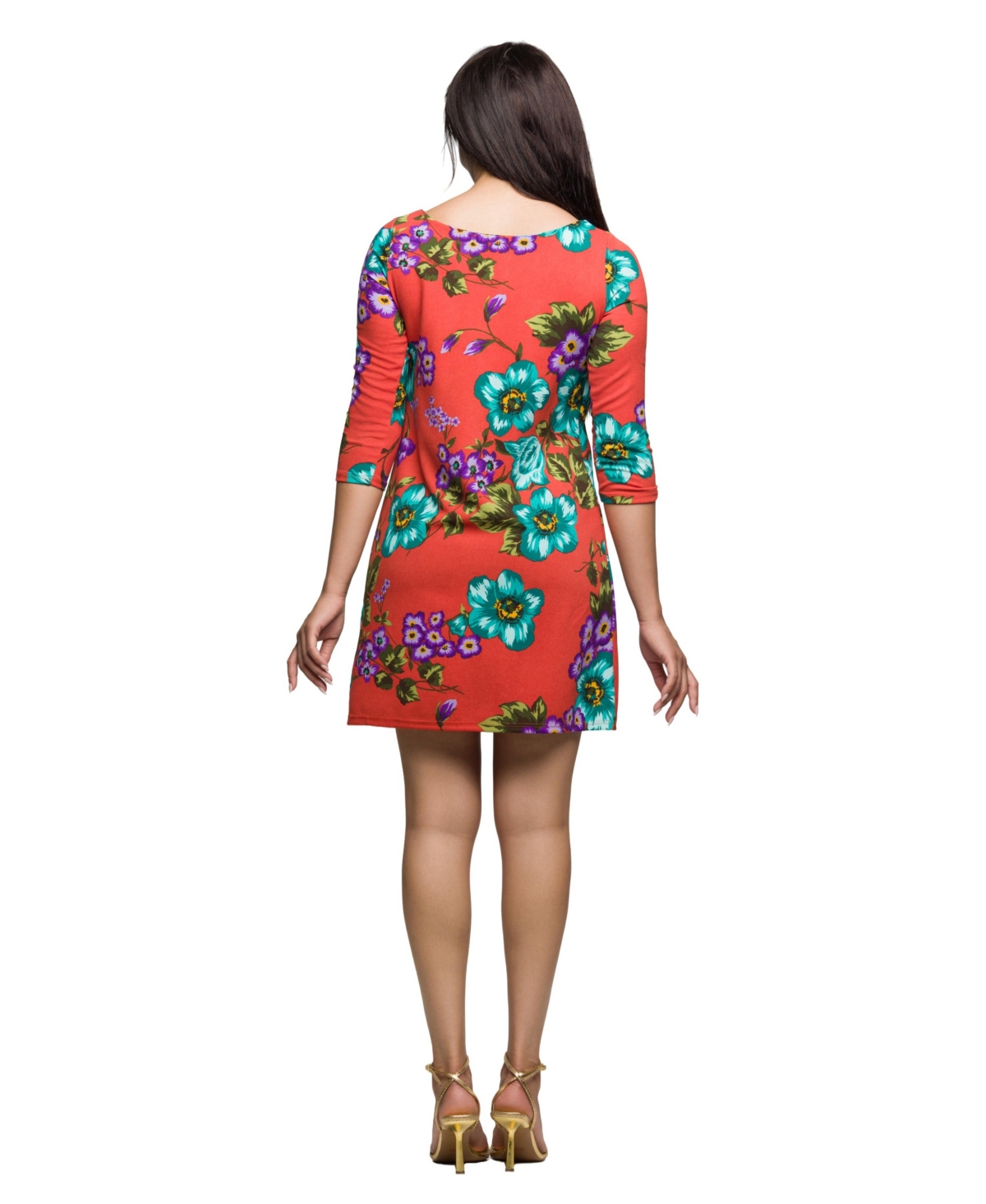 24seven Comfort Apparel Floral Print Three Quarter Sleeve A Line Knee Length Dress In Multi