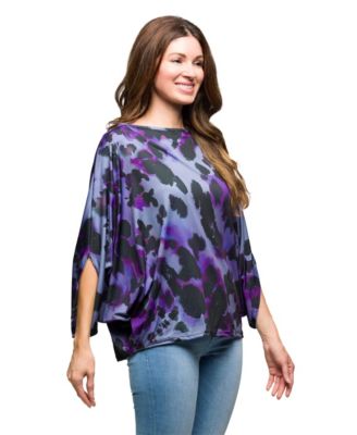 Women's Purple Animal Print Boat Neck Dolman Sleeve Top
