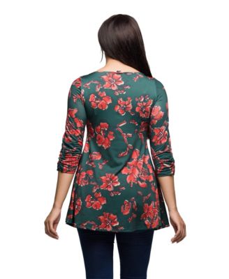 Women's Green Floral Print Three Quarter Sleeve Tunic Top